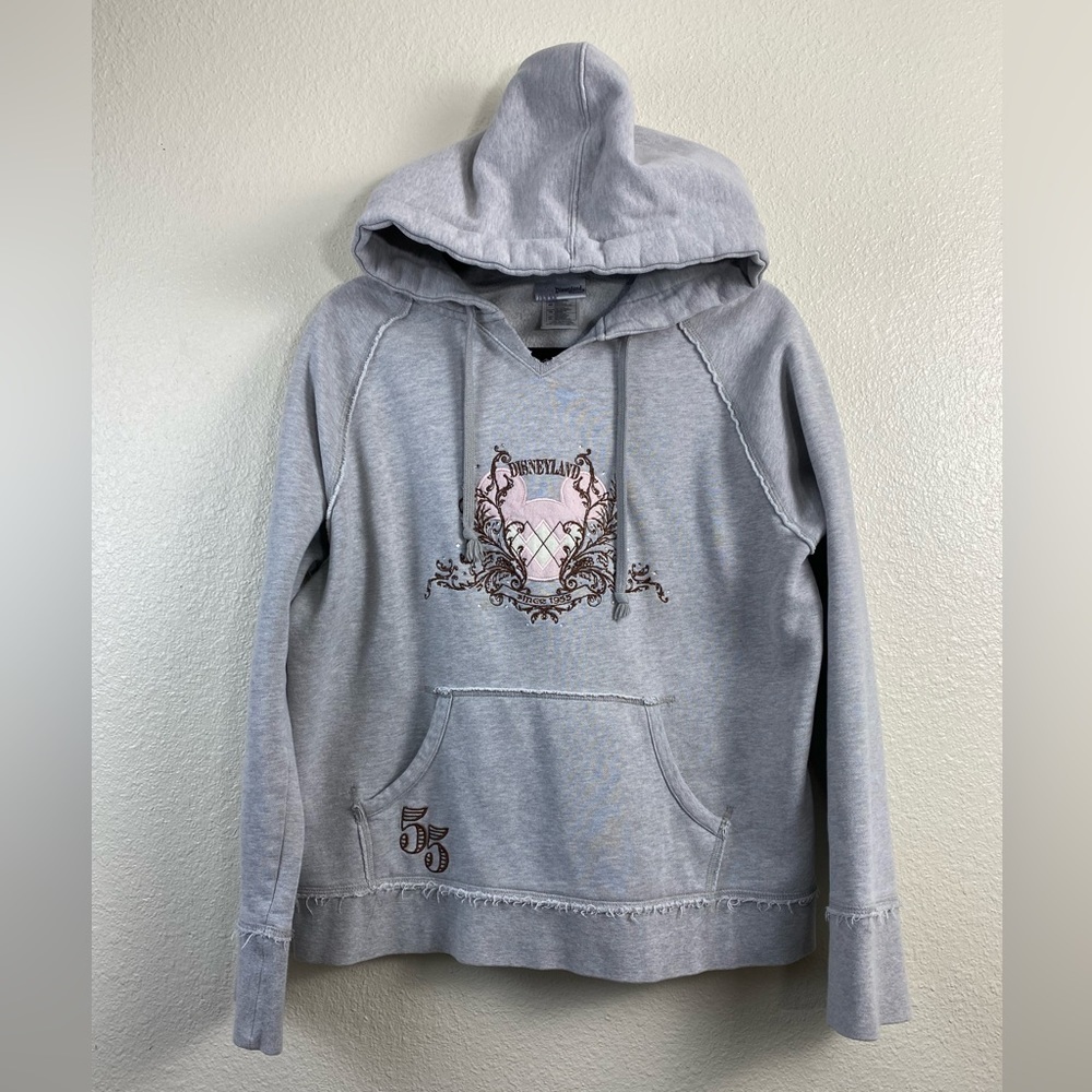 Disney Gray Pullover Hoodie Women’s XL Disneyland 55 Fleece Mickey Embroidered
